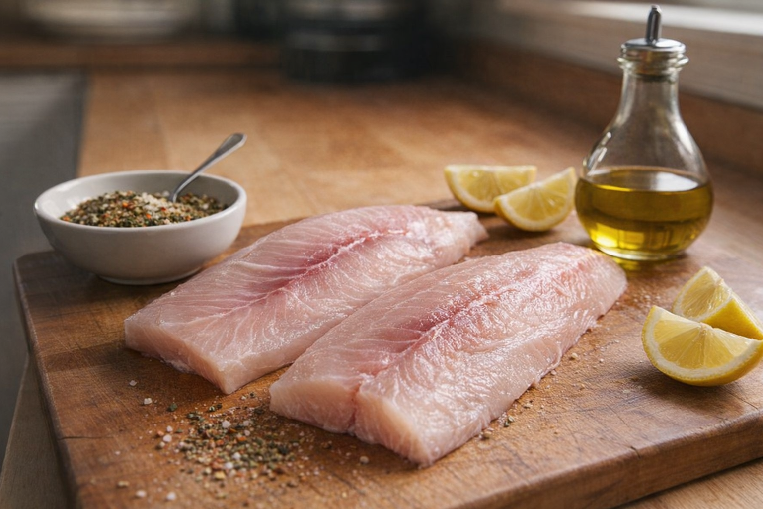 Close-up shot of raw mahi mahi fillets on a cutting board, with a bowl of mixed seasonings, lemon wedges, and olive oil nearby, natural light